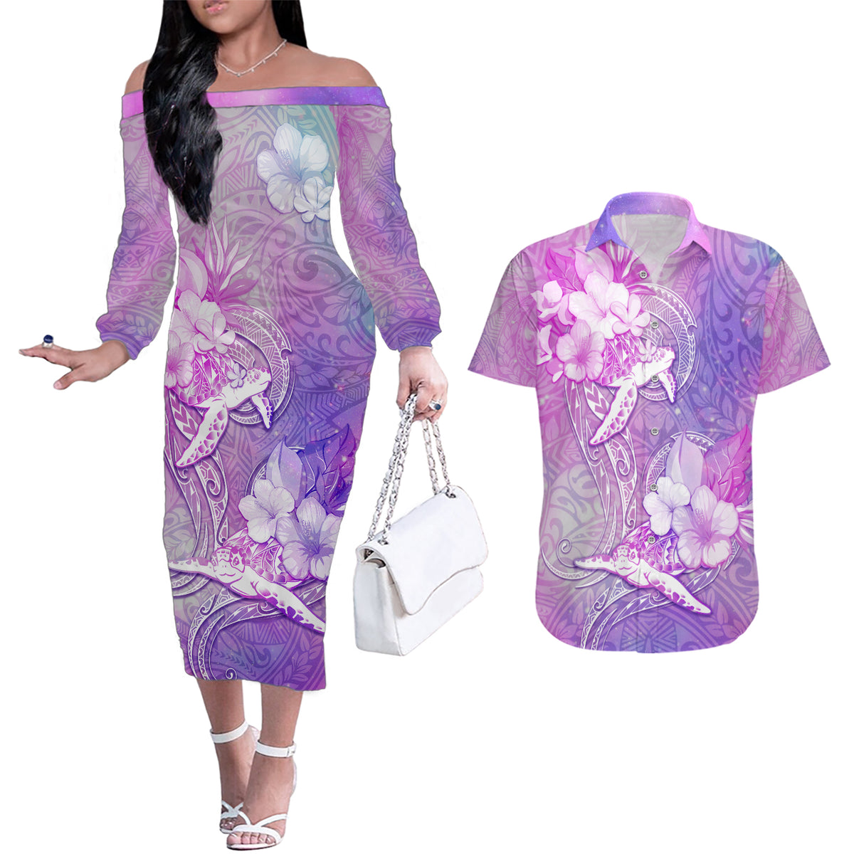 Couple Sea Turtle Love Give Us A Fairytale Couples Matching Off The Shoulder Long Sleeve Dress and Hawaiian Shirt LT05 Pink - Polynesian Pride