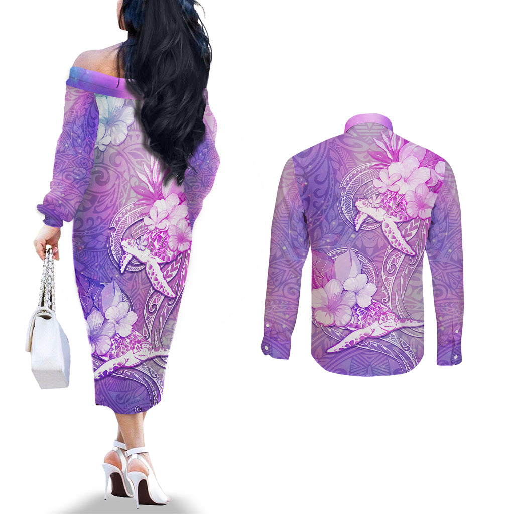 Couple Sea Turtle Love Give Us A Fairytale Couples Matching Off The Shoulder Long Sleeve Dress and Long Sleeve Button Shirt LT05 - Polynesian Pride