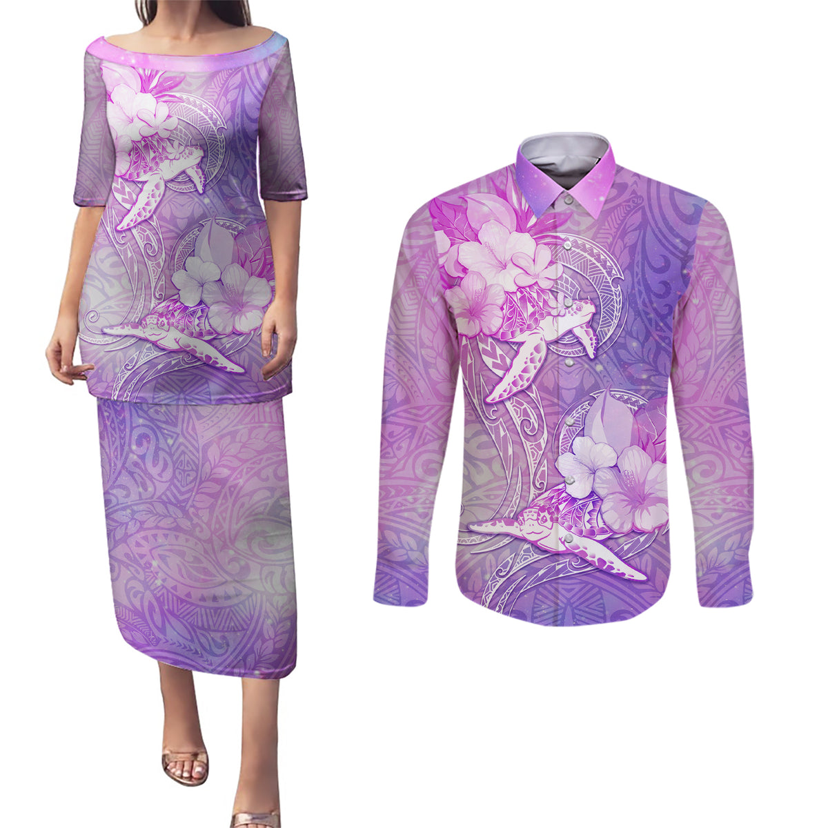 Couple Sea Turtle Love Give Us A Fairytale Couples Matching Puletasi Dress and Long Sleeve Button Shirt LT05 Pink - Polynesian Pride