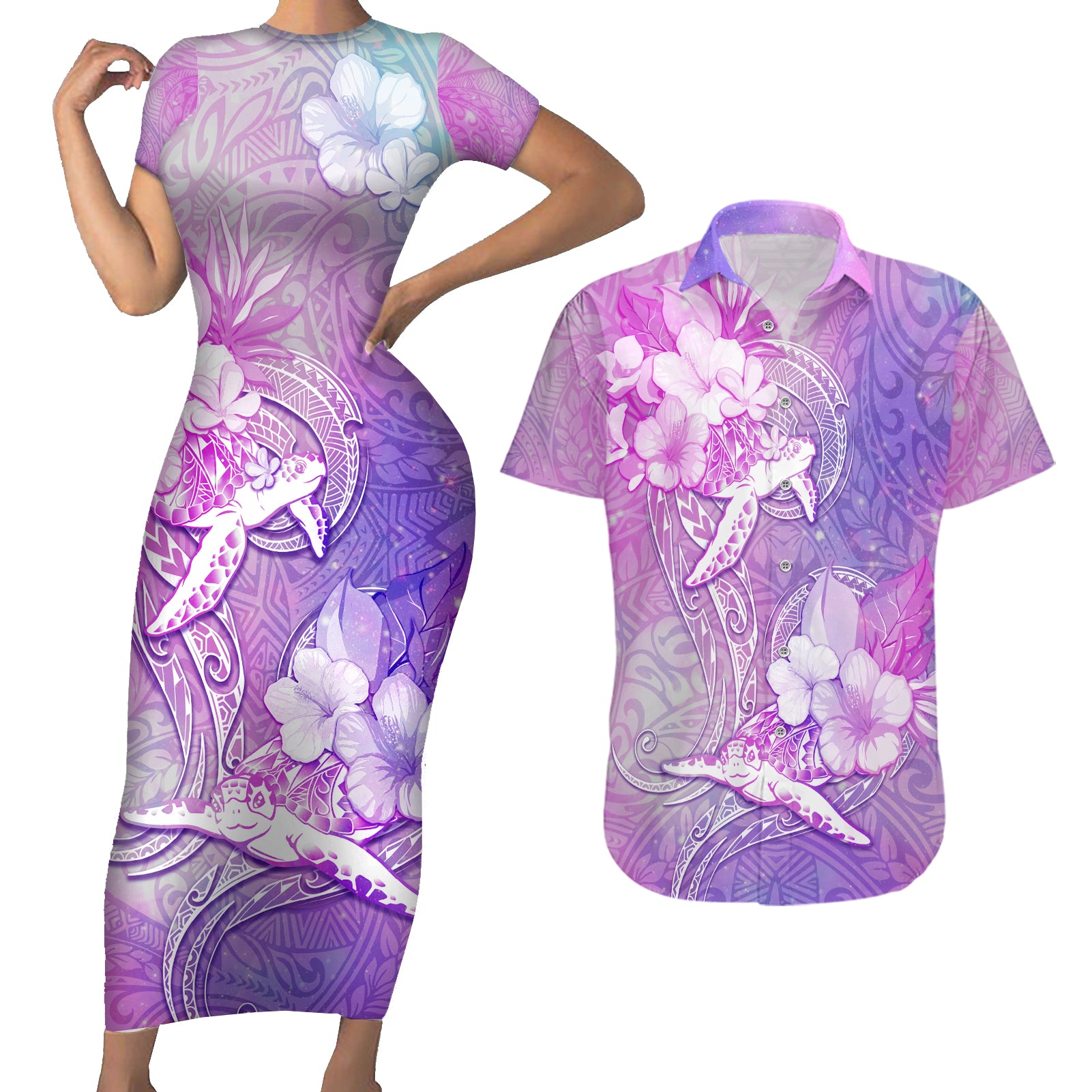 Couple Sea Turtle Love Give Us A Fairytale Couples Matching Short Sleeve Bodycon Dress and Hawaiian Shirt LT05 Pink - Polynesian Pride