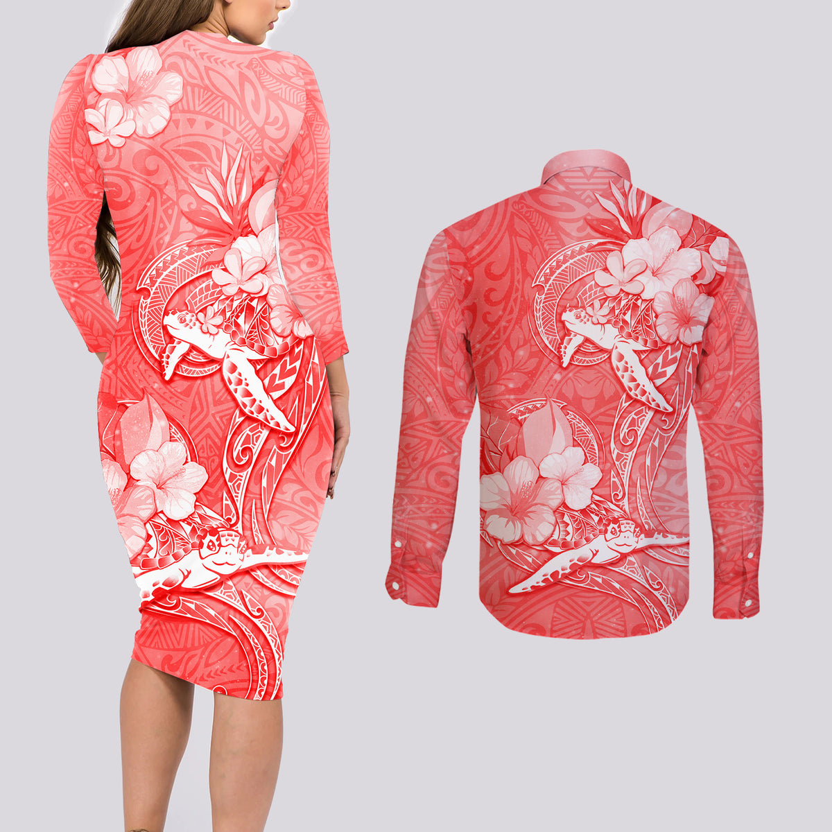 Polynesia Sea Turtle Couple Couples Matching Long Sleeve Bodycon Dress and Long Sleeve Button Shirt Happy Valentine Day Red LT05 - Polynesian Pride