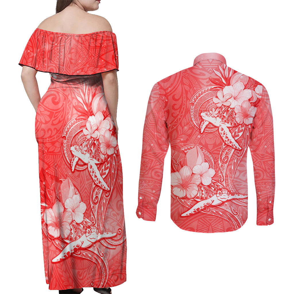 Polynesia Sea Turtle Couple Couples Matching Off Shoulder Maxi Dress and Long Sleeve Button Shirt Happy Valentine Day Red LT05 - Polynesian Pride