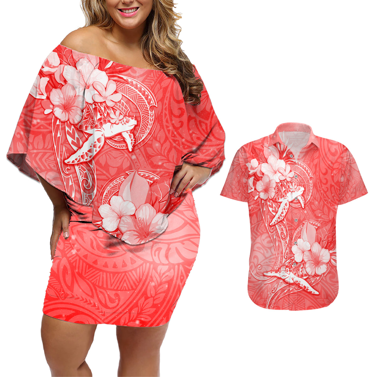 Polynesia Sea Turtle Couple Couples Matching Off Shoulder Short Dress and Hawaiian Shirt Happy Valentine Day Red LT05 Red - Polynesian Pride