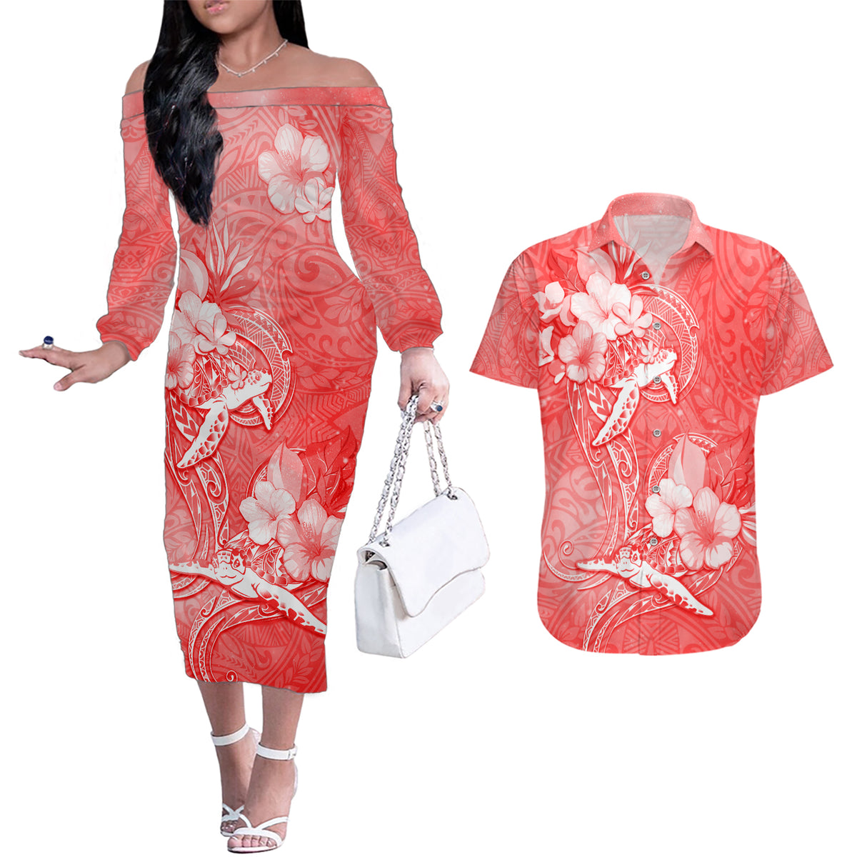 Polynesia Sea Turtle Couple Couples Matching Off The Shoulder Long Sleeve Dress and Hawaiian Shirt Happy Valentine Day Red LT05 Red - Polynesian Pride