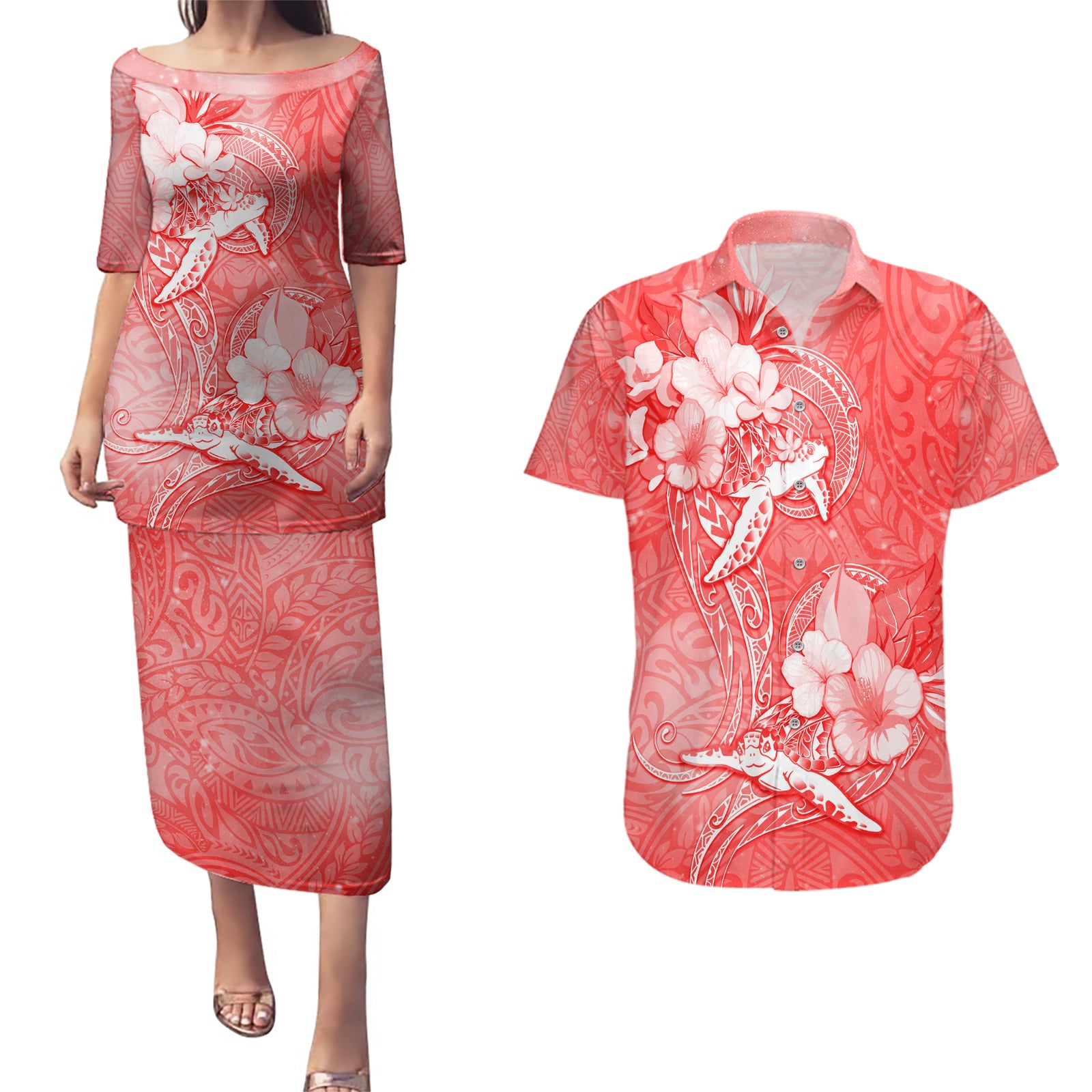 Polynesia Sea Turtle Couple Couples Matching Puletasi Dress and Hawaiian Shirt Happy Valentine Day Red LT05 Red - Polynesian Pride