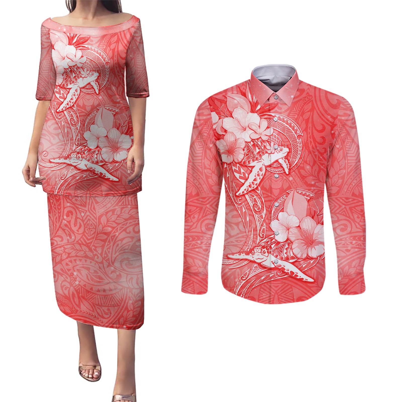 Polynesia Sea Turtle Couple Couples Matching Puletasi Dress and Long Sleeve Button Shirt Happy Valentine Day Red LT05 Red - Polynesian Pride