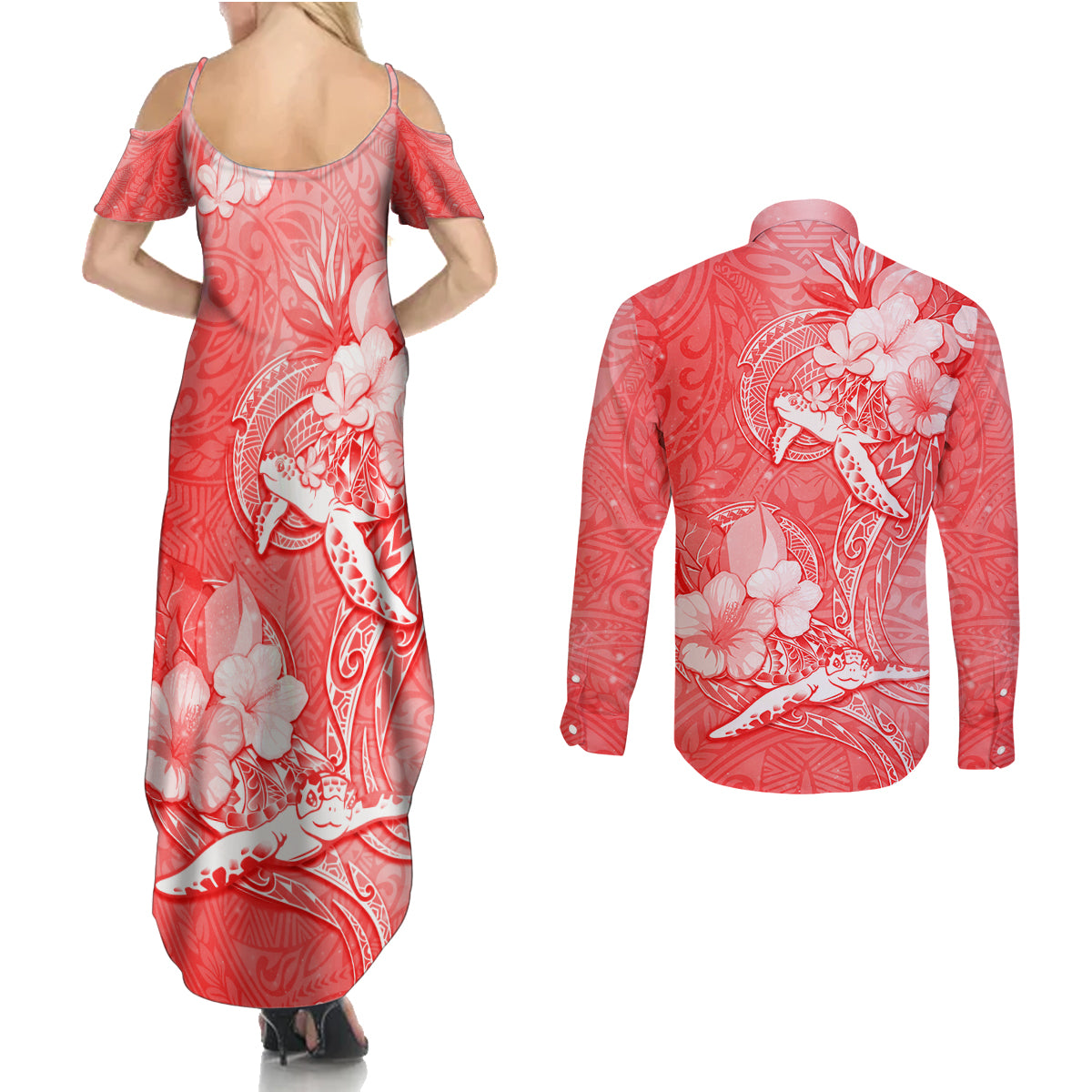 Polynesia Sea Turtle Couple Couples Matching Summer Maxi Dress and Long Sleeve Button Shirt Happy Valentine Day Red LT05 - Polynesian Pride