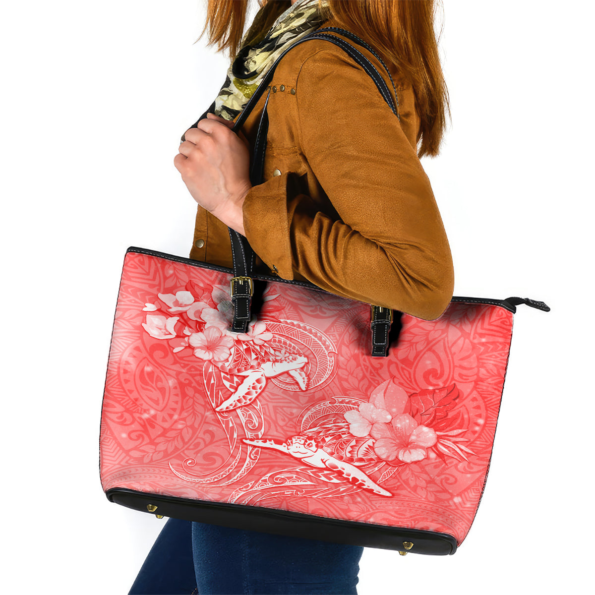 Polynesia Sea Turtle Couple Leather Tote Bag Happy Valentine Day Red LT05 Red - Polynesian Pride