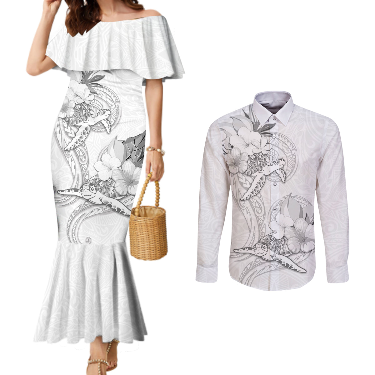 Polynesia Sea Turtle Couple Couples Matching Mermaid Dress and Long Sleeve Button Shirt Happy Valentine Day White LT05 White - Polynesian Pride
