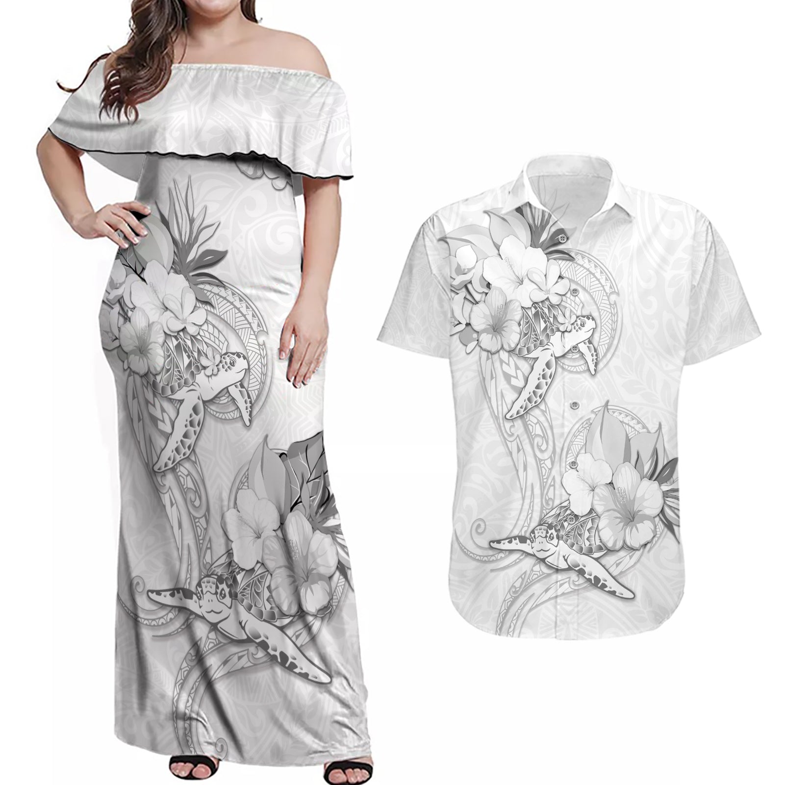 Polynesia Sea Turtle Couple Couples Matching Off Shoulder Maxi Dress and Hawaiian Shirt Happy Valentine Day White LT05 White - Polynesian Pride