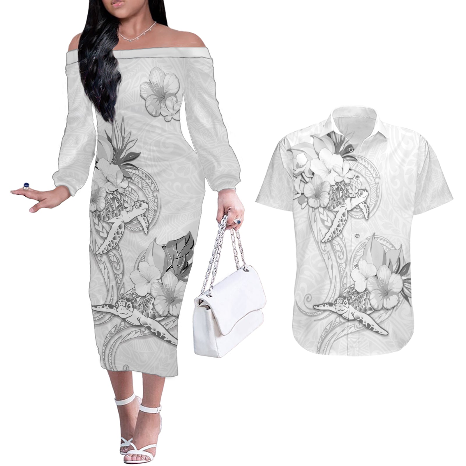 Polynesia Sea Turtle Couple Couples Matching Off The Shoulder Long Sleeve Dress and Hawaiian Shirt Happy Valentine Day White LT05 White - Polynesian Pride