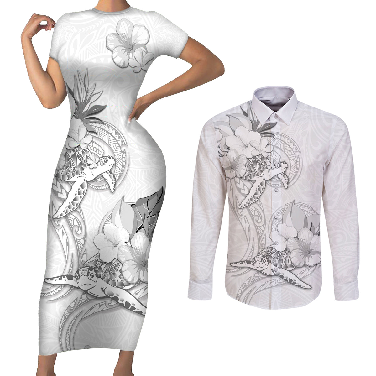Polynesia Sea Turtle Couple Couples Matching Short Sleeve Bodycon Dress and Long Sleeve Button Shirt Happy Valentine Day White LT05 White - Polynesian Pride