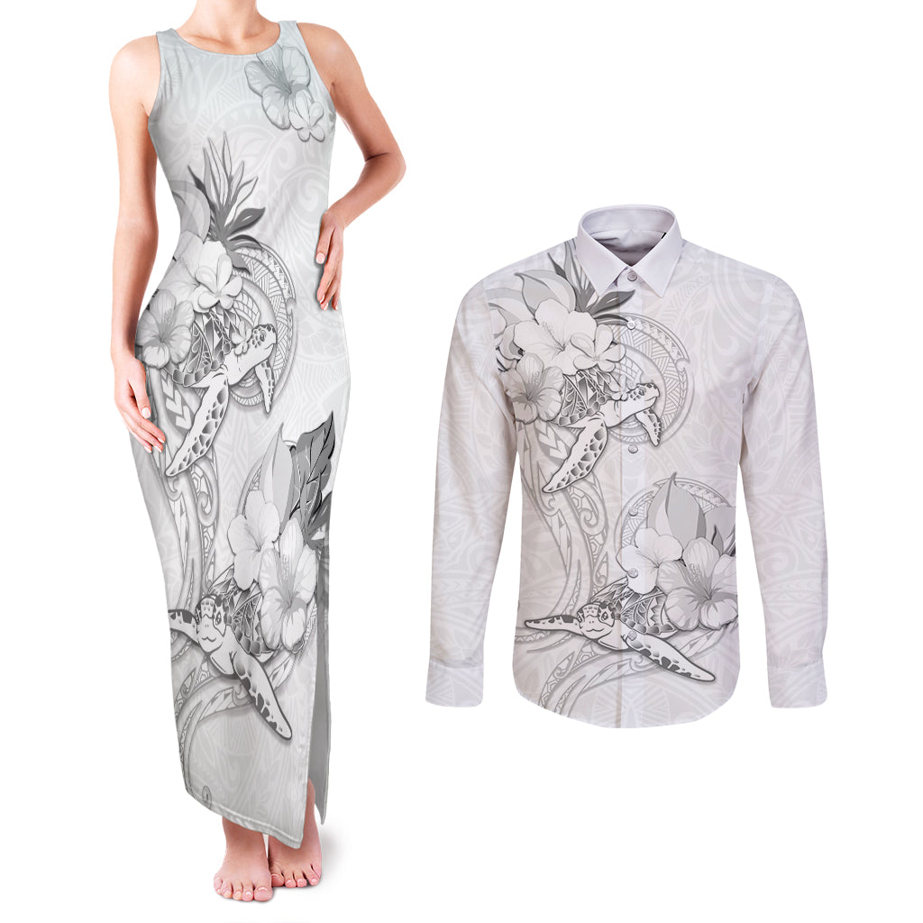Polynesia Sea Turtle Couple Couples Matching Tank Maxi Dress and Long Sleeve Button Shirt Happy Valentine Day White LT05 White - Polynesian Pride
