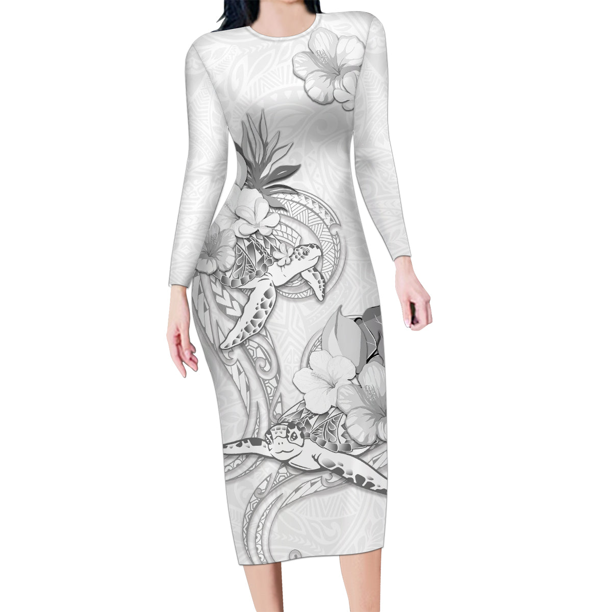 Polynesia Sea Turtle Couple Family Matching Long Sleeve Bodycon Dress and Hawaiian Shirt Happy Valentine Day White LT05 Mom's Dress White - Polynesian Pride