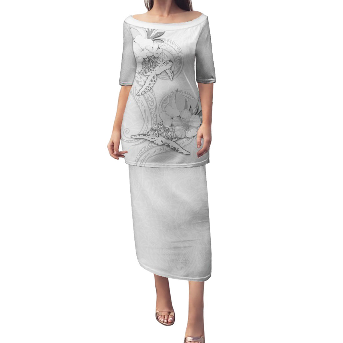 Polynesia Sea Turtle Couple Family Matching Puletasi Dress and Hawaiian Shirt Happy Valentine Day White LT05 Mom's Dress White - Polynesian Pride