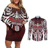 Custom Aotearoa Ngapuhi Couples Matching Off Shoulder Short Dress and Long Sleeve Button Shirt Maori Tribal Pattern Mix Poutama