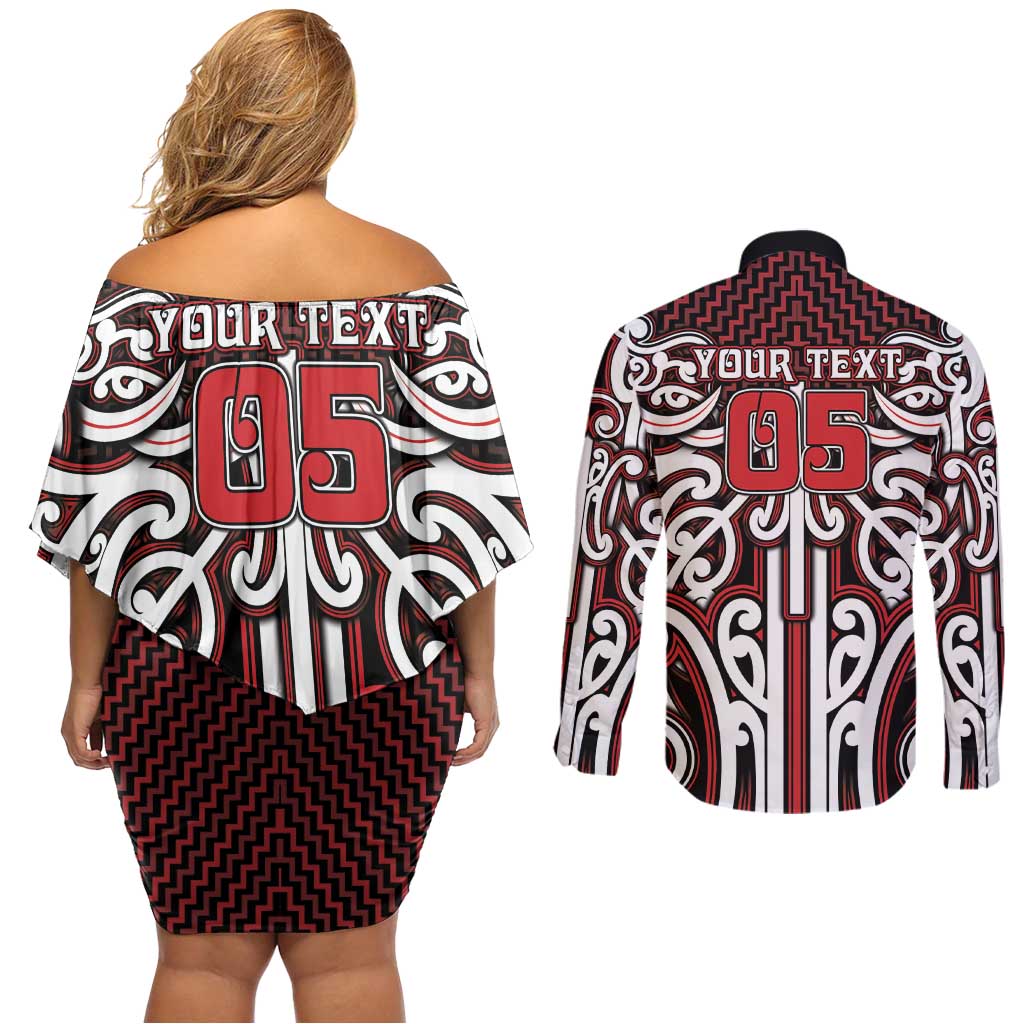 Custom Aotearoa Ngapuhi Couples Matching Off Shoulder Short Dress and Long Sleeve Button Shirt Maori Tribal Pattern Mix Poutama