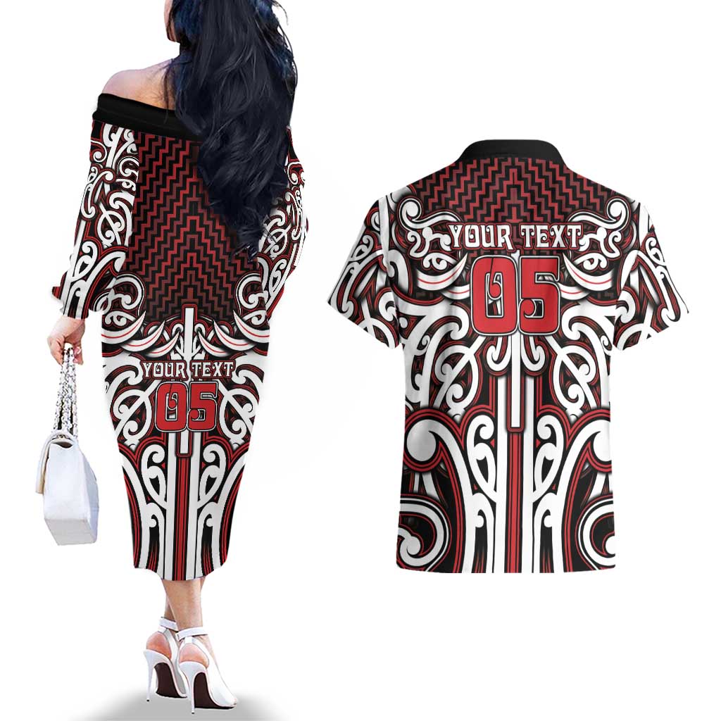 Custom Aotearoa Ngapuhi Couples Matching Off The Shoulder Long Sleeve Dress and Hawaiian Shirt Maori Tribal Pattern Mix Poutama LT05 - Polynesian Pride
