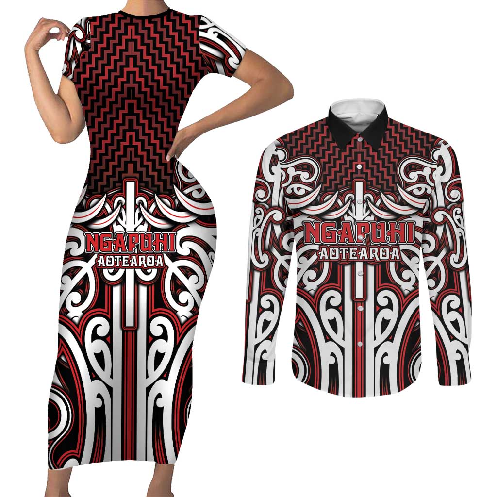 Custom Aotearoa Ngapuhi Couples Matching Short Sleeve Bodycon Dress and Long Sleeve Button Shirt Maori Tribal Pattern Mix Poutama