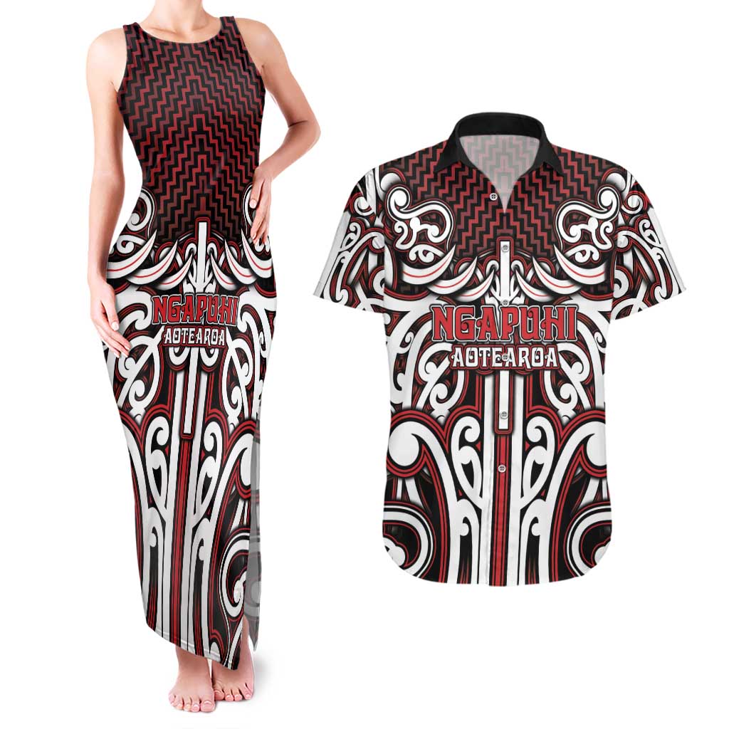 Custom Aotearoa Ngapuhi Couples Matching Tank Maxi Dress and Hawaiian Shirt Maori Tribal Pattern Mix Poutama