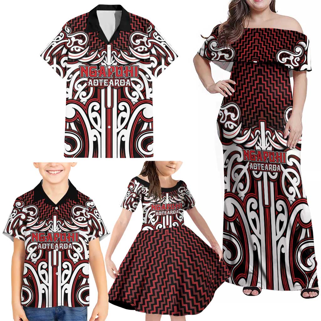 Custom Aotearoa Ngapuhi Family Matching Off Shoulder Maxi Dress and Hawaiian Shirt Maori Tribal Pattern Mix Poutama LT05 - Polynesian Pride