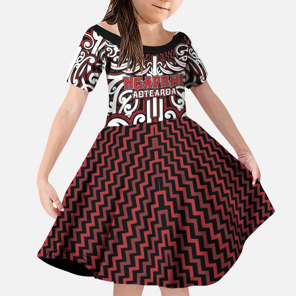 Custom Aotearoa Ngapuhi Family Matching Short Sleeve Bodycon Dress and Hawaiian Shirt Maori Tribal Pattern Mix Poutama LT05 Daughter's Dress Red - Polynesian Pride