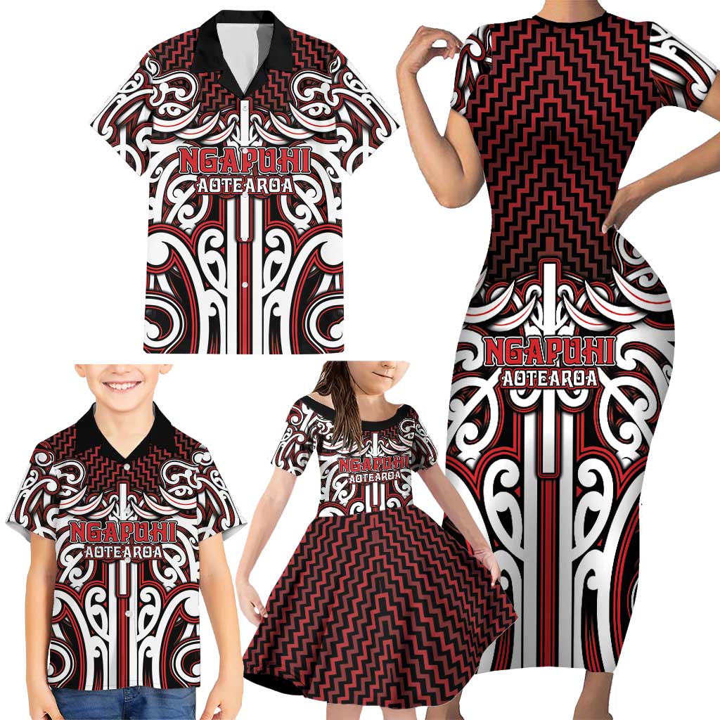Custom Aotearoa Ngapuhi Family Matching Short Sleeve Bodycon Dress and Hawaiian Shirt Maori Tribal Pattern Mix Poutama LT05 - Polynesian Pride