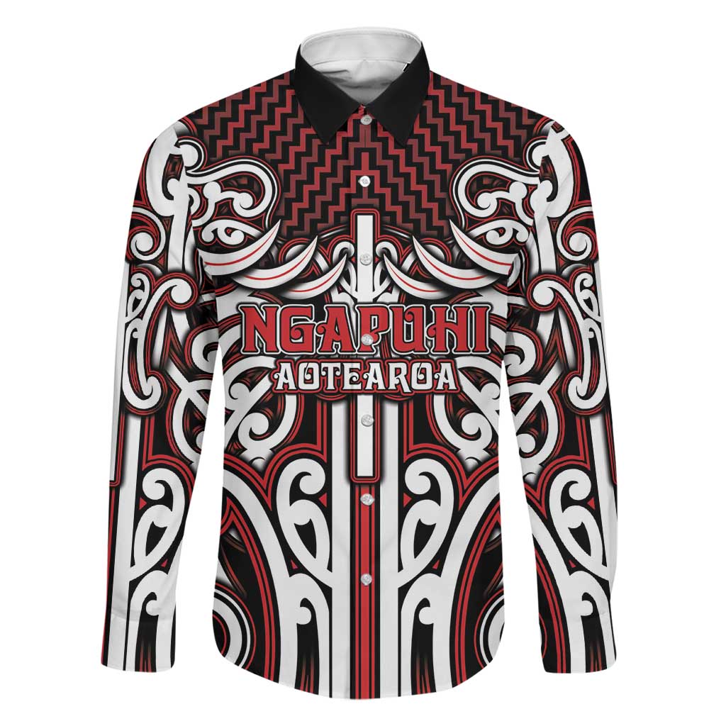 Custom Aotearoa Ngapuhi Family Matching Tank Maxi Dress and Hawaiian Shirt Maori Tribal Pattern Mix Poutama LT05 Dad's Shirt - Long Sleeve Red - Polynesian Pride