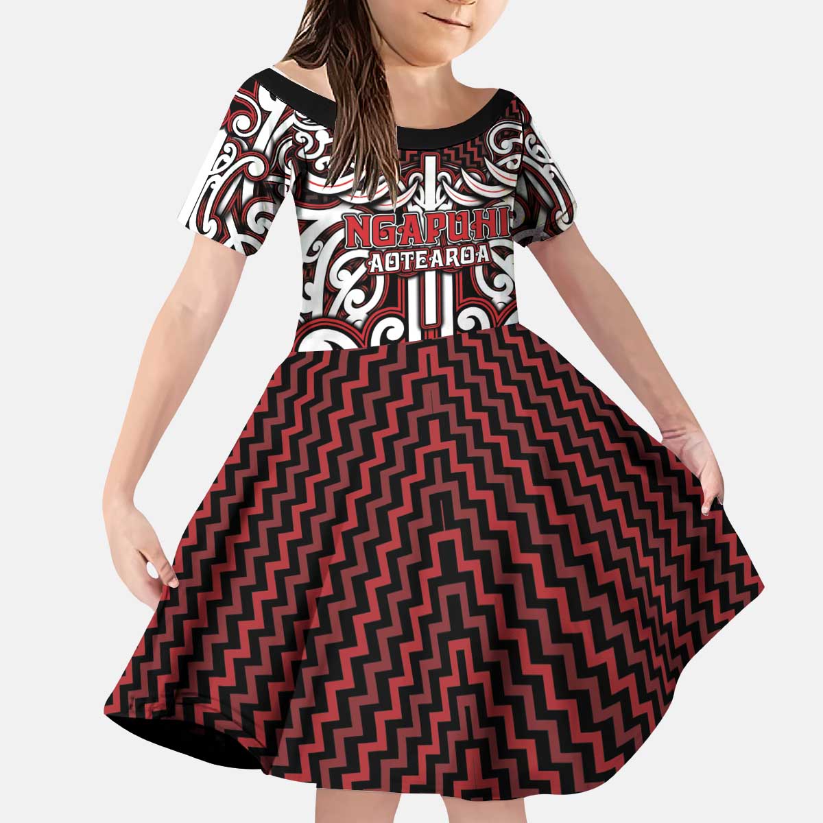 Custom Aotearoa Ngapuhi Kid Short Sleeve Dress Maori Tribal Pattern Mix Poutama