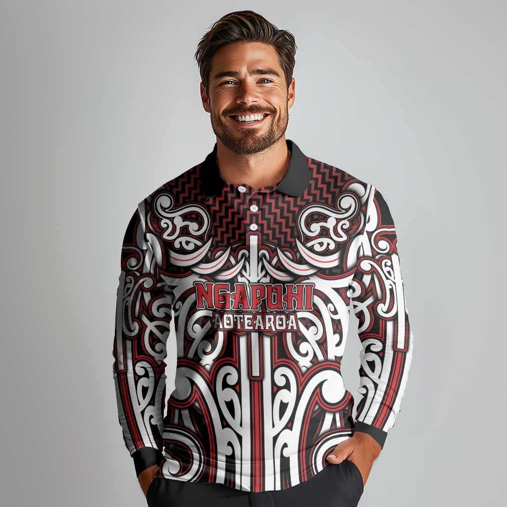 Custom Aotearoa Ngapuhi Long Sleeve Polo Shirt Maori Tribal Pattern Mix Poutama