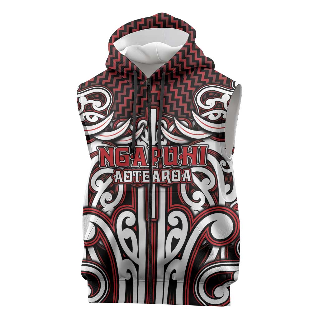 Custom Aotearoa Ngapuhi Sleeveless Zip Hoodie Maori Tribal Pattern Mix Poutama LT05 Red - Polynesian Pride