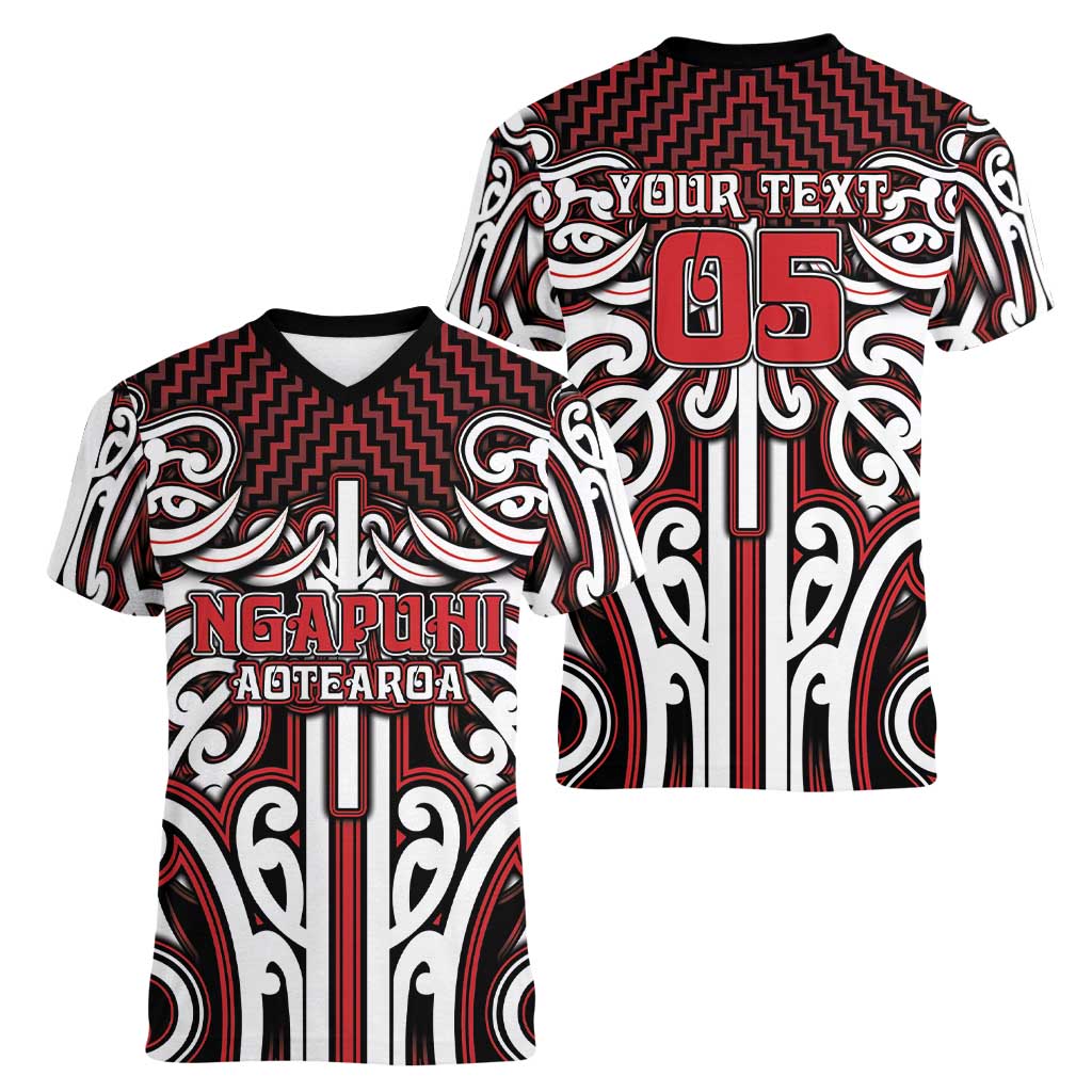 Custom Aotearoa Ngapuhi Women V-Neck T-Shirt Maori Tribal Pattern Mix Poutama