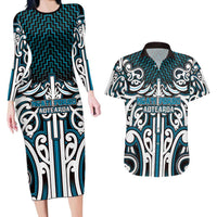 Custom Aotearoa Ngati Porou Couples Matching Long Sleeve Bodycon Dress and Hawaiian Shirt Maori Tribal Pattern Mix Poutama LT05 Blue - Polynesian Pride