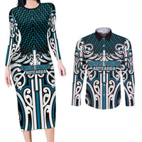 Custom Aotearoa Ngati Porou Couples Matching Long Sleeve Bodycon Dress and Long Sleeve Button Shirt Maori Tribal Pattern Mix Poutama LT05 Blue - Polynesian Pride