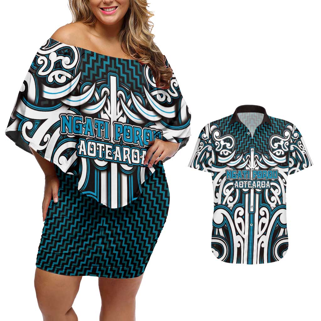 Custom Aotearoa Ngati Porou Couples Matching Off Shoulder Short Dress and Hawaiian Shirt Maori Tribal Pattern Mix Poutama LT05 Blue - Polynesian Pride