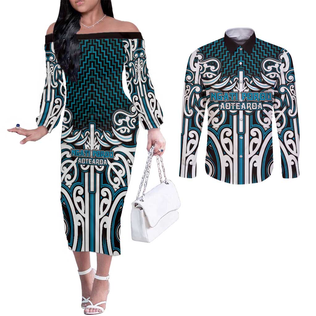 Custom Aotearoa Ngati Porou Couples Matching Off The Shoulder Long Sleeve Dress and Long Sleeve Button Shirt Maori Tribal Pattern Mix Poutama LT05 Blue - Polynesian Pride