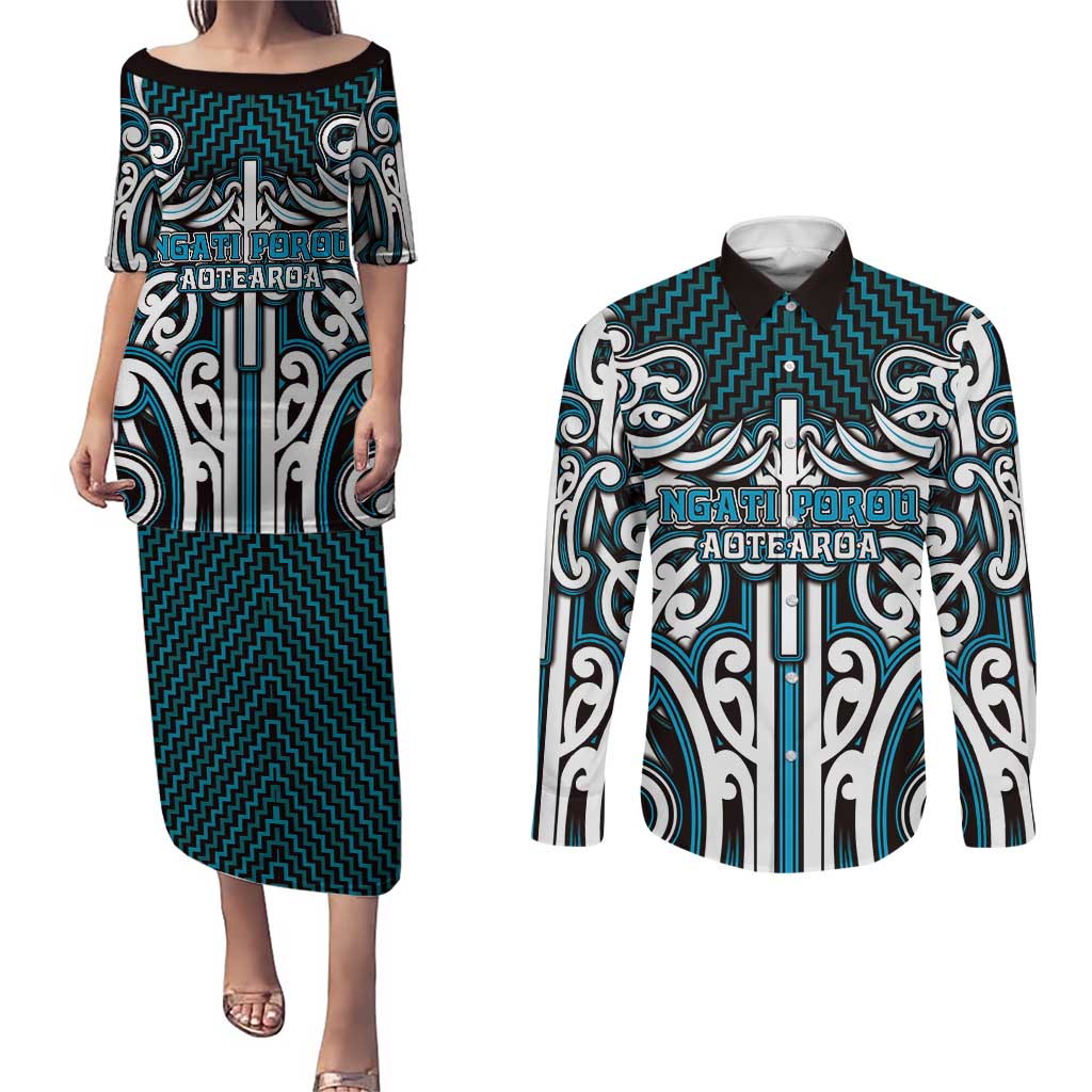 Custom Aotearoa Ngati Porou Couples Matching Puletasi and Long Sleeve Button Shirt Maori Tribal Pattern Mix Poutama LT05 Blue - Polynesian Pride