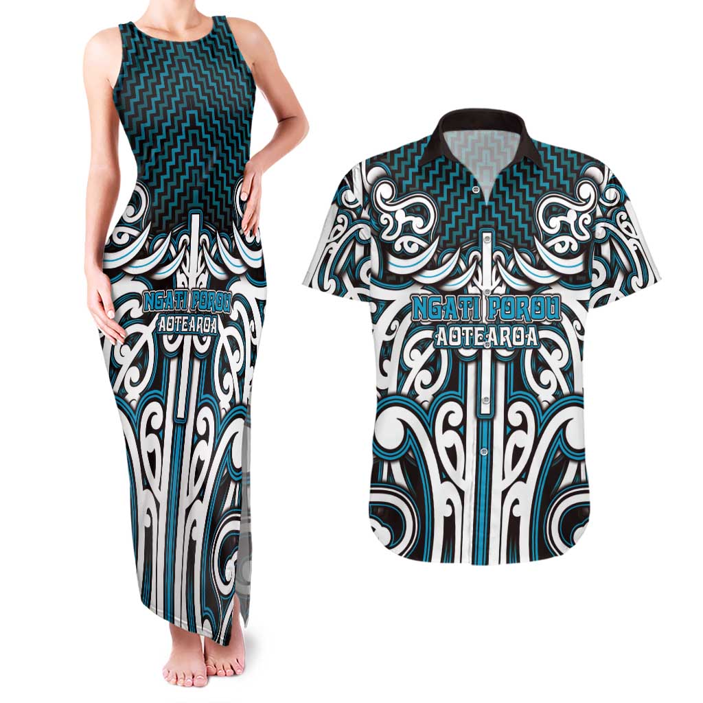 Custom Aotearoa Ngati Porou Couples Matching Tank Maxi Dress and Hawaiian Shirt Maori Tribal Pattern Mix Poutama LT05 Blue - Polynesian Pride