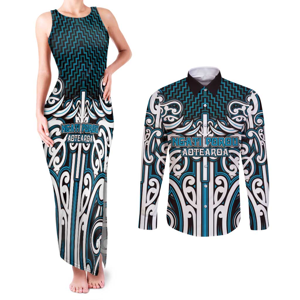 Custom Aotearoa Ngati Porou Couples Matching Tank Maxi Dress and Long Sleeve Button Shirt Maori Tribal Pattern Mix Poutama