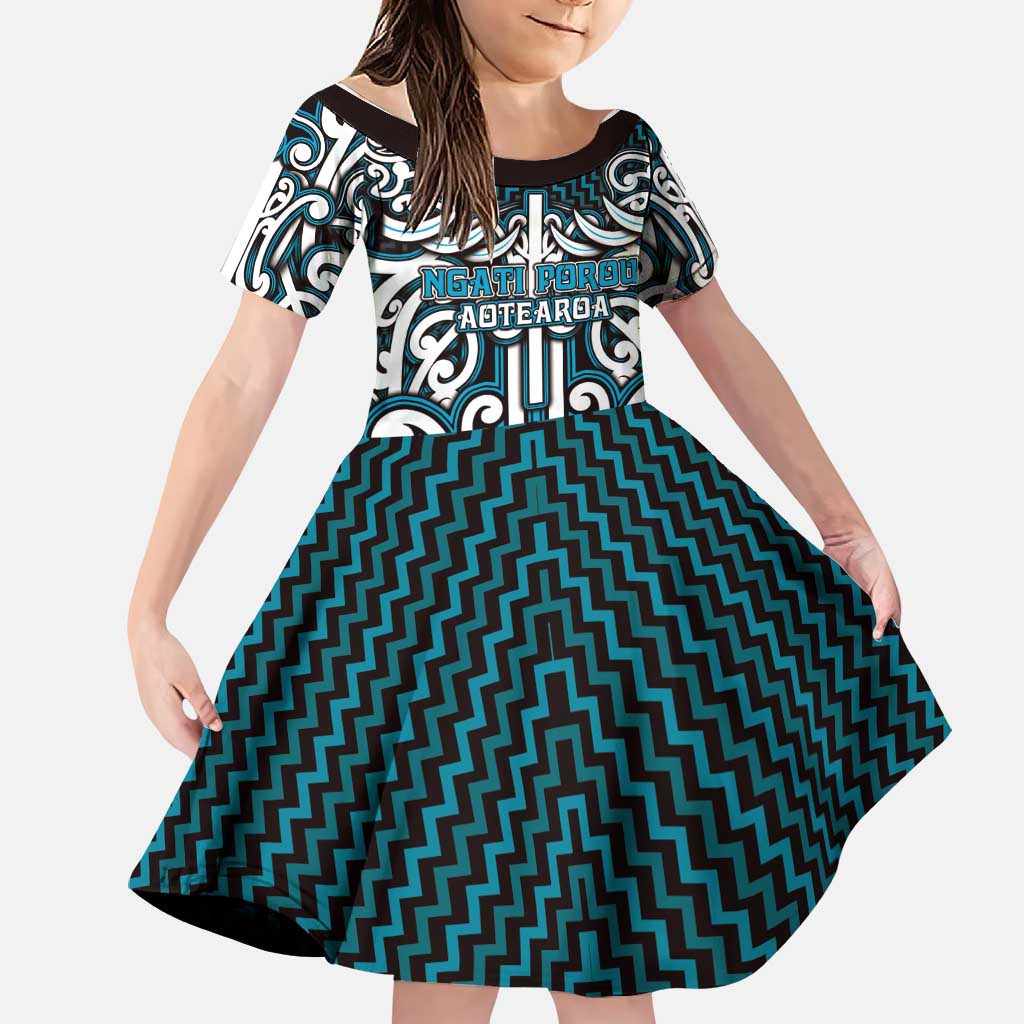 Custom Aotearoa Ngati Porou Family Matching Long Sleeve Bodycon Dress and Hawaiian Shirt Maori Tribal Pattern Mix Poutama LT05 Daughter's Dress Blue - Polynesian Pride