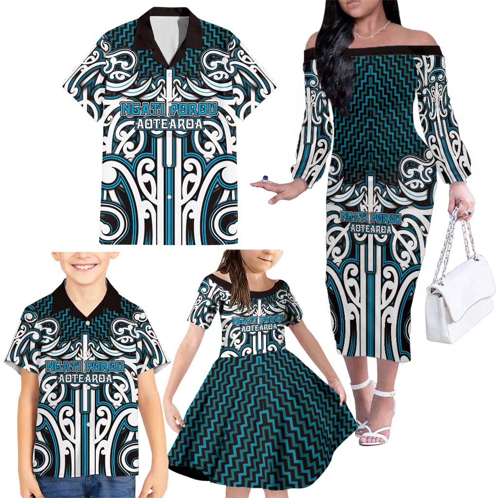 Custom Aotearoa Ngati Porou Family Matching Off The Shoulder Long Sleeve Dress and Hawaiian Shirt Maori Tribal Pattern Mix Poutama LT05 - Polynesian Pride