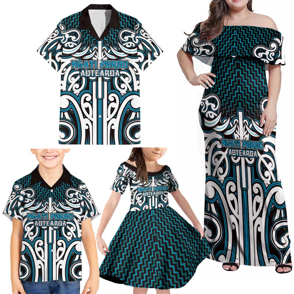 Custom Aotearoa Ngati Porou Family Matching Off Shoulder Maxi Dress and Hawaiian Shirt Maori Tribal Pattern Mix Poutama LT05 - Polynesian Pride