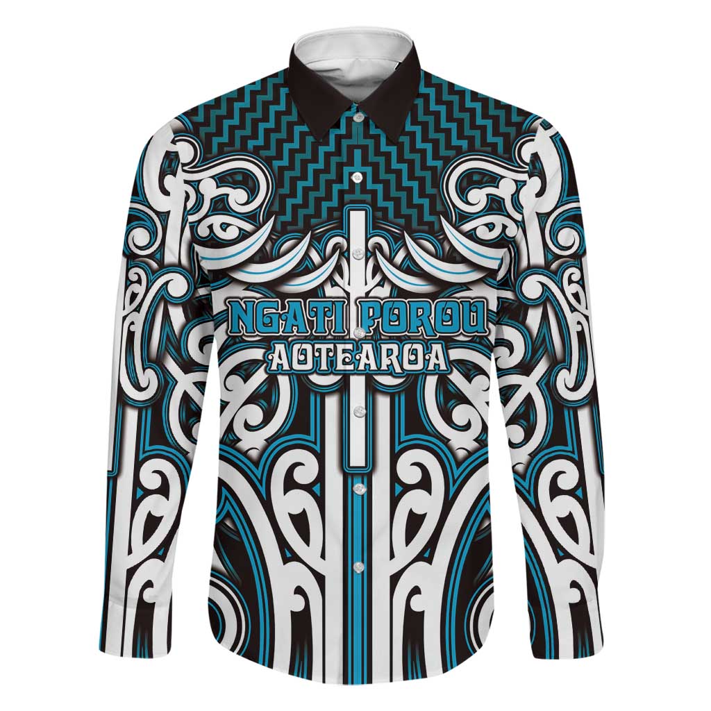 Custom Aotearoa Ngati Porou Family Matching Off Shoulder Short Dress and Hawaiian Shirt Maori Tribal Pattern Mix Poutama LT05 Dad's Shirt - Long Sleeve Blue - Polynesian Pride