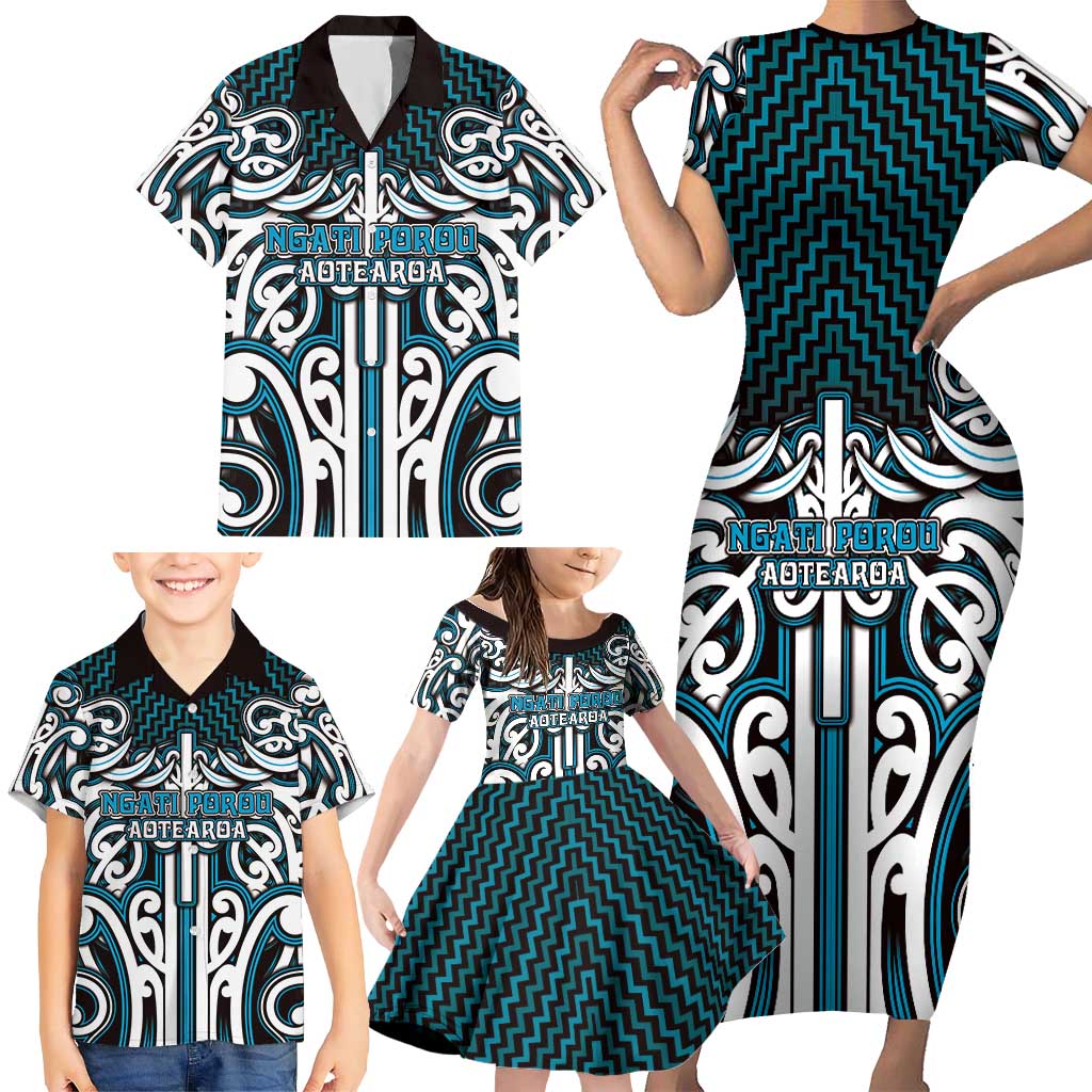 Custom Aotearoa Ngati Porou Family Matching Short Sleeve Bodycon Dress and Hawaiian Shirt Maori Tribal Pattern Mix Poutama LT05 - Polynesian Pride