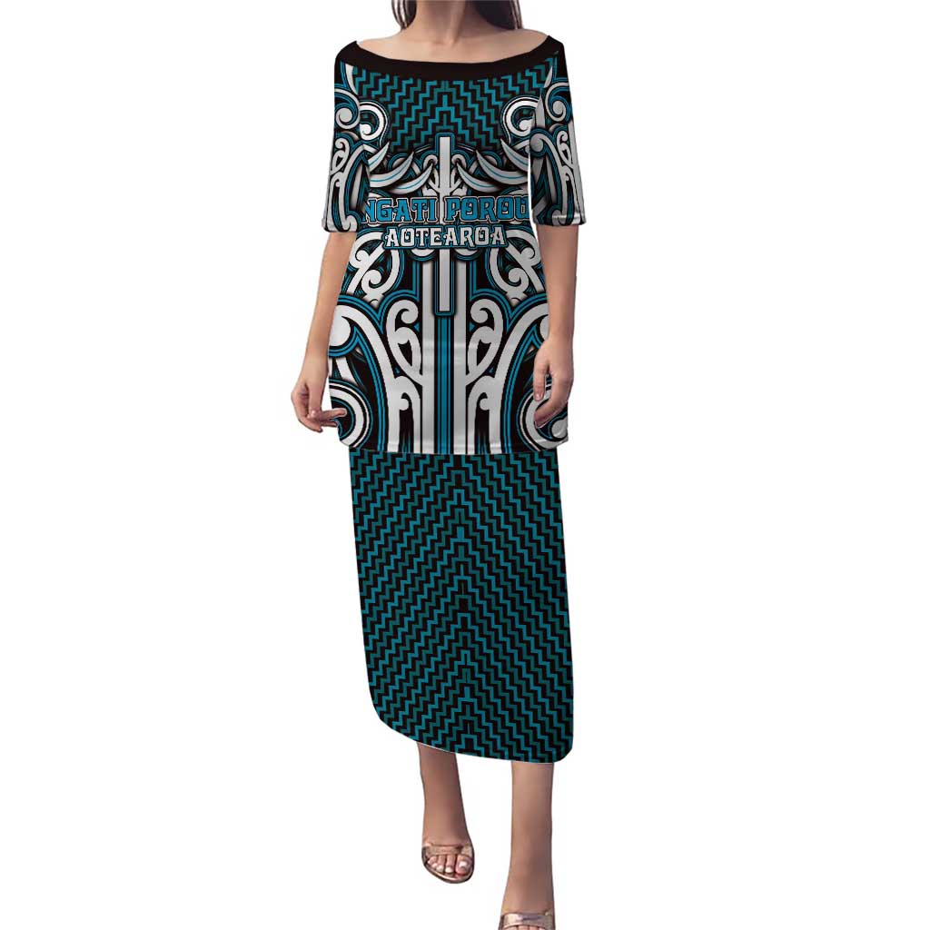 Custom Aotearoa Ngati Porou Puletasi Maori Tribal Pattern Mix Poutama LT05 Long Dress Blue - Polynesian Pride