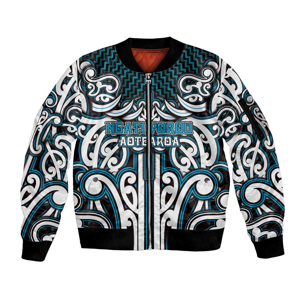 Custom Aotearoa Ngati Porou Sleeve Zip Bomber Jacket Maori Tribal Pattern Mix Poutama LT05 Unisex Blue - Polynesian Pride