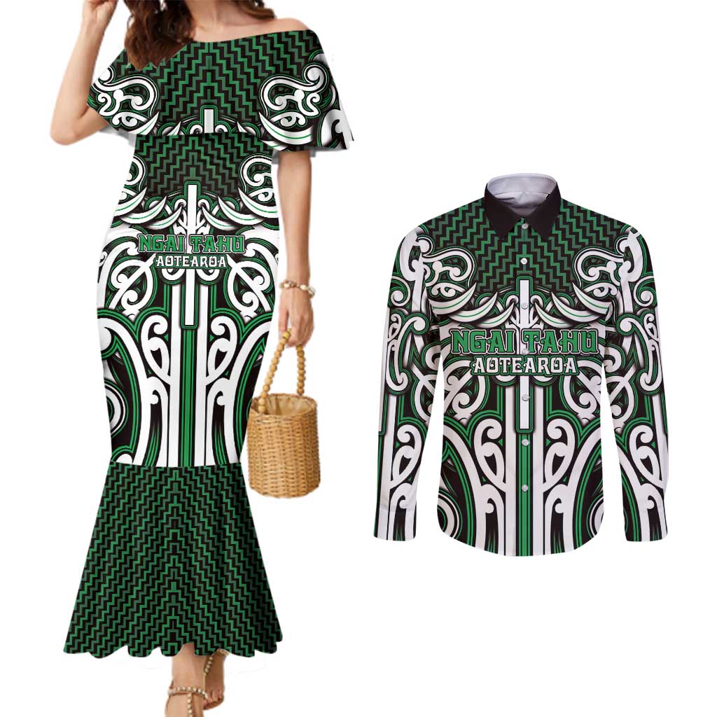Custom Aotearoa Ngai Tahu Couples Matching Mermaid Dress and Long Sleeve Button Shirt Maori Tribal Pattern Mix Poutama LT05 Green - Polynesian Pride