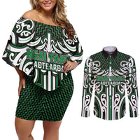 Custom Aotearoa Ngai Tahu Couples Matching Off Shoulder Short Dress and Long Sleeve Button Shirt Maori Tribal Pattern Mix Poutama