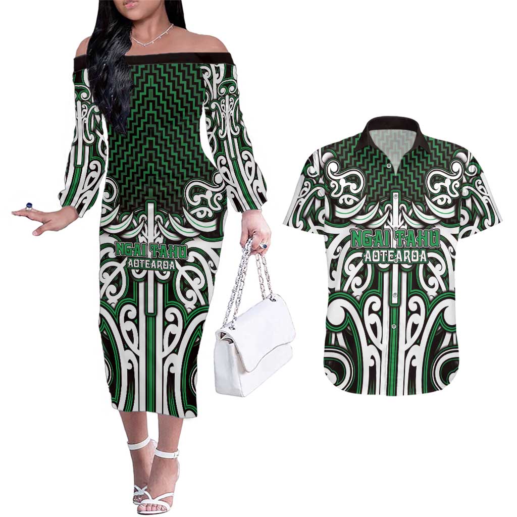 Custom Aotearoa Ngai Tahu Couples Matching Off The Shoulder Long Sleeve Dress and Hawaiian Shirt Maori Tribal Pattern Mix Poutama LT05 Green - Polynesian Pride