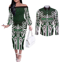 Custom Aotearoa Ngai Tahu Couples Matching Off The Shoulder Long Sleeve Dress and Long Sleeve Button Shirt Maori Tribal Pattern Mix Poutama